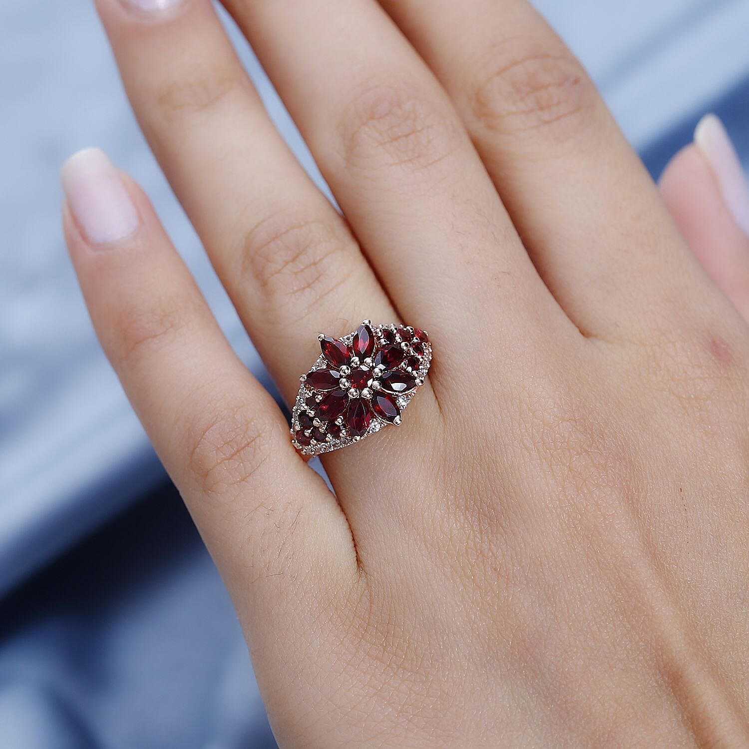 Anthill Garnet and White Zircon Floral Ring in Vermeil Rose Gold Over Sterling Silver (Size 10.0) 2.50 ctw