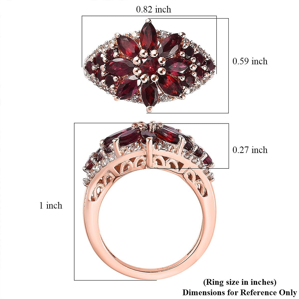 Anthill Garnet and White Zircon Floral Ring in Vermeil Rose Gold Over Sterling Silver (Size 10.0) 2.50 ctw