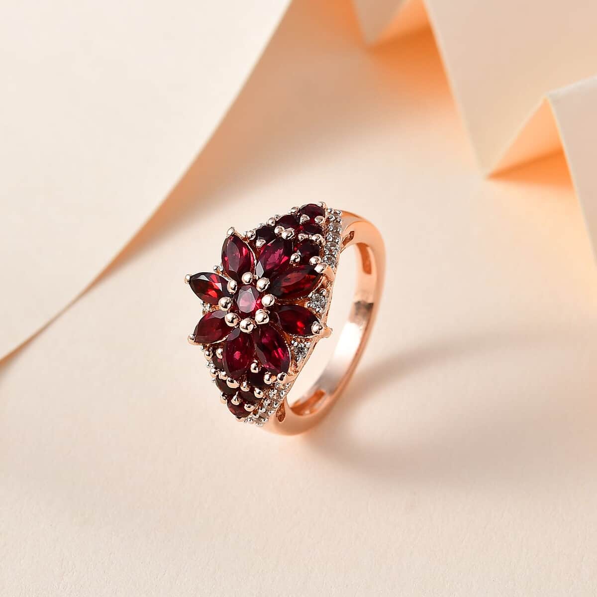 Anthill Garnet and White Zircon Floral Ring in Vermeil Rose Gold Over Sterling Silver (Size 5.0) 2.50 ctw image number 1