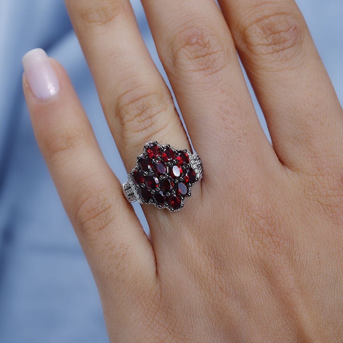 Anthill Garnet and Moissanite 3.15 ctw Cluster Ring in Platinum Over Sterling Silver (Size 10.0) image number 2