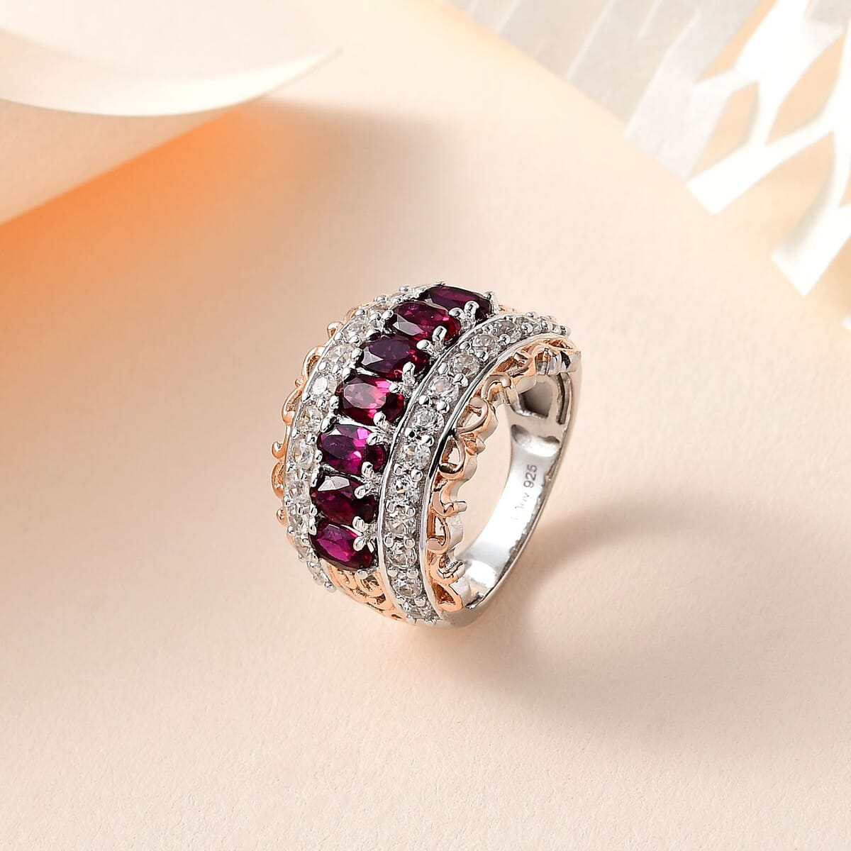 Anthill Garnet and White Zircon Ring in Vermeil Rose Gold and Platinum Over Sterling Silver (Size 5.0) 3.30 ctw image number 1