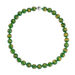 Green Jade (D) Dragon Engraved Beaded Necklace 20 Inches with Magnetic Lock in Rhodium Over Sterling Silver 670.00 ctw