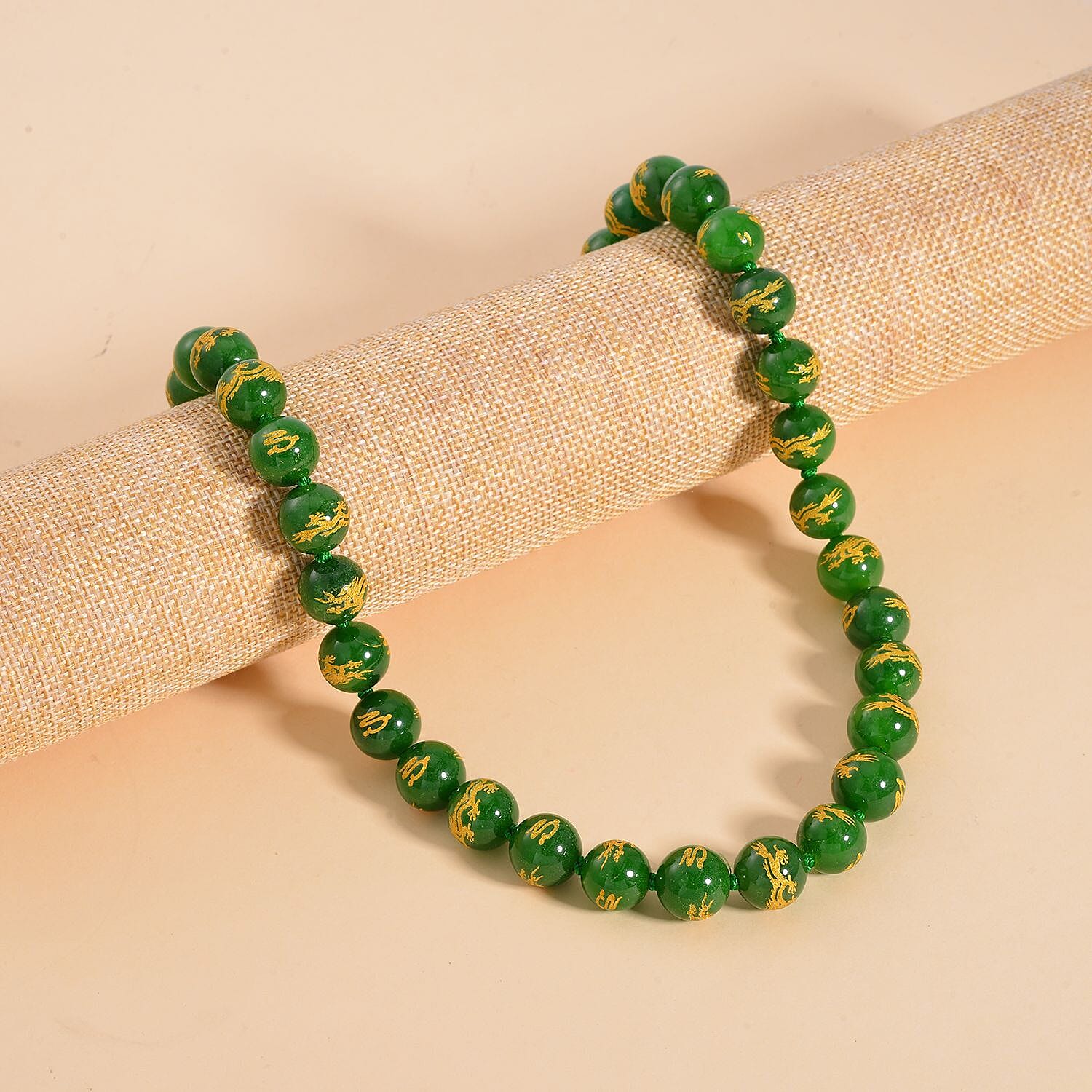 Green Jade (D) Dragon Engraved Beaded Necklace 20 Inches with Magnetic Lock in Rhodium Over Sterling Silver 670.00 ctw
