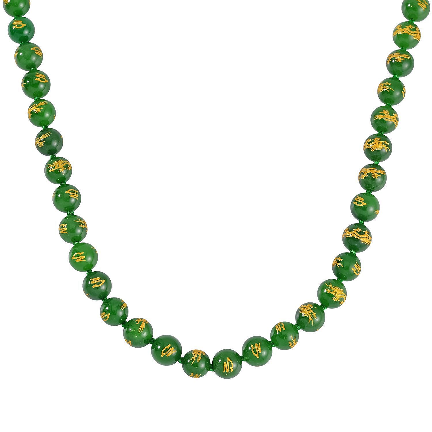 Green Jade (D) Dragon Engraved Beaded Necklace 20 Inches with Magnetic Lock in Rhodium Over Sterling Silver 670.00 ctw