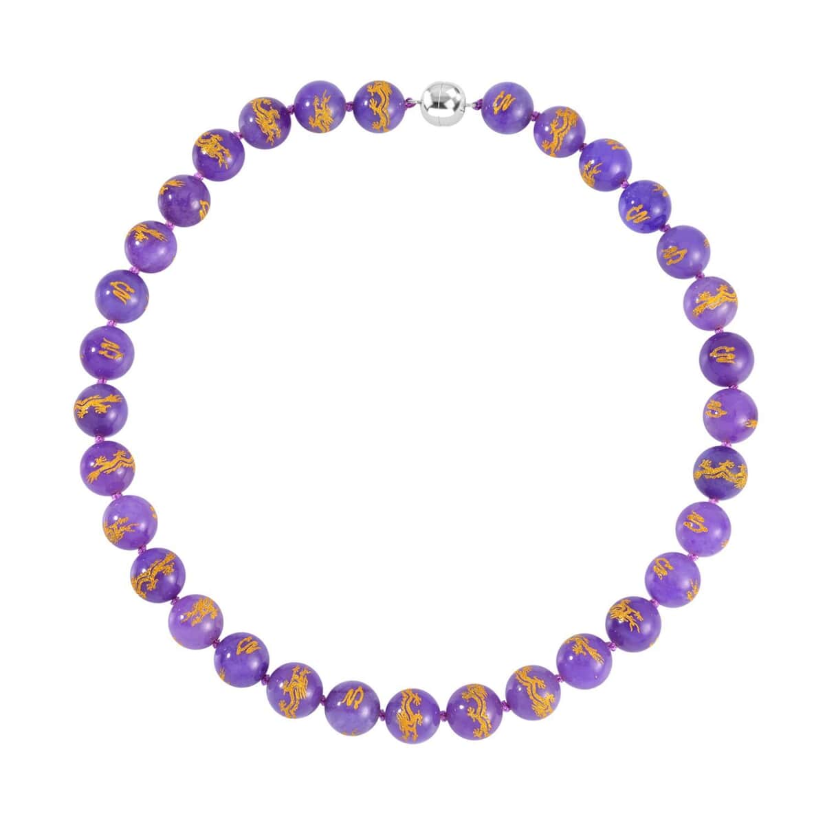 Purple Jade (D) Dragon Engraved Beaded Necklace 20 Inches with Magnetic Lock in Rhodium Over Sterling Silver 670.00 ctw image number 0