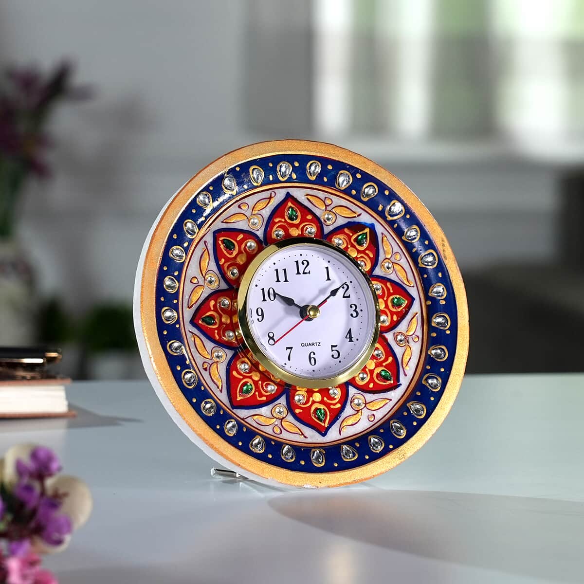 Handcrafted Marble Floral Table Clock (Dia 6) image number 1