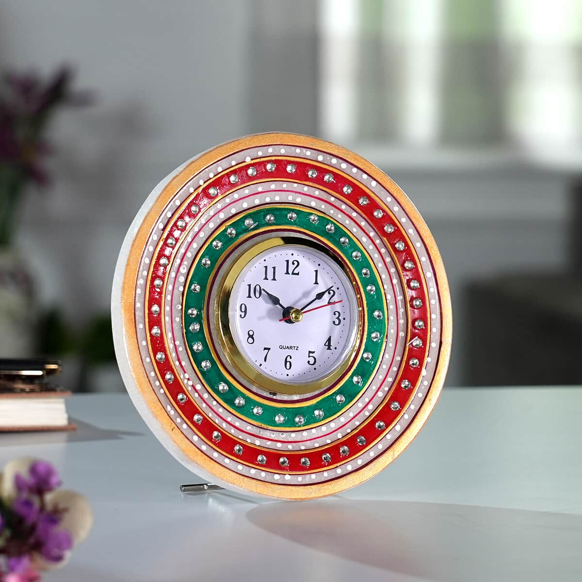 Handcrafted Marble Mandala Art Table Clock (Dia 6) image number 1