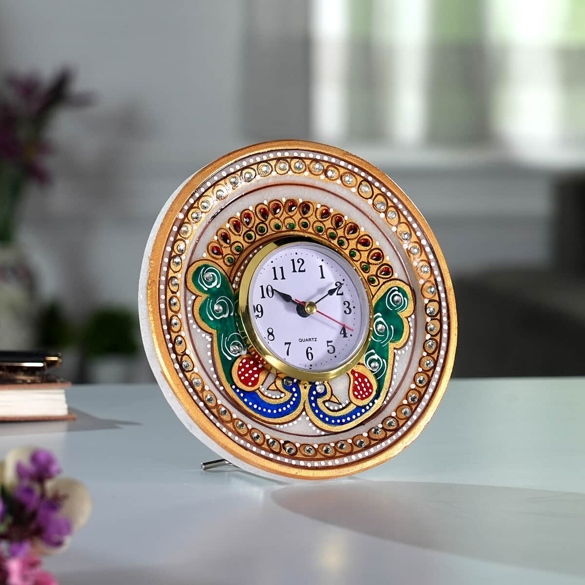 Handcrafted Marble Multi Peacock Table Clock (Dia 6) image number 1