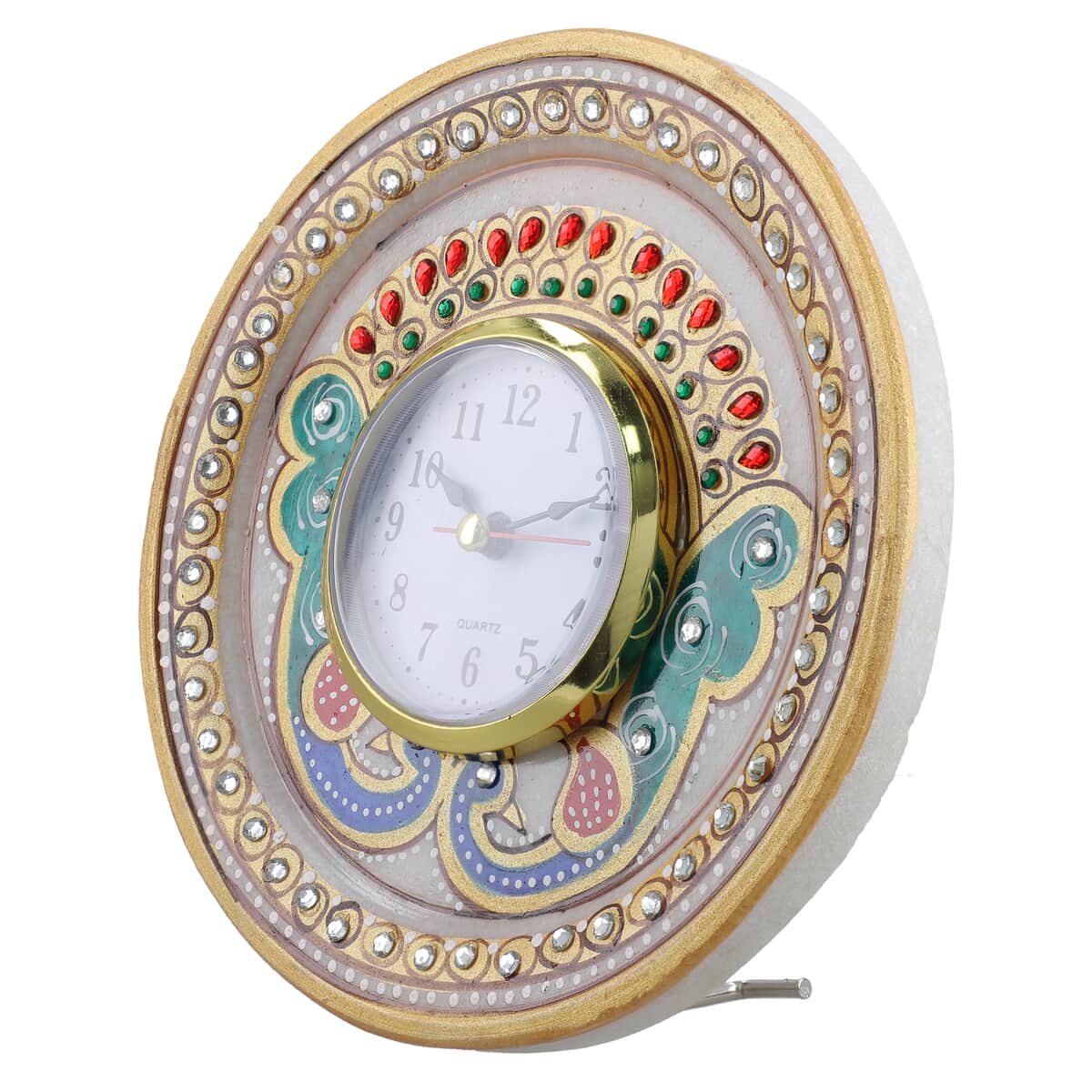 Handcrafted Marble Multi Peacock Table Clock (Dia 6) image number 3