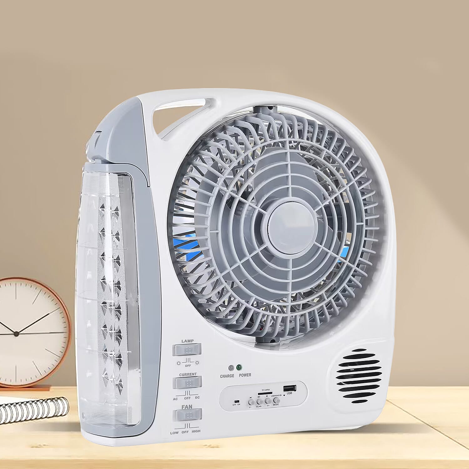 Multifunctional Portable 6 in 1 Solar Fan Supports Bluetooth, FM Radio, Built in 24 LED Lights, MP3 Player, USB Flash Player. 5800 mAh Lithium Battery