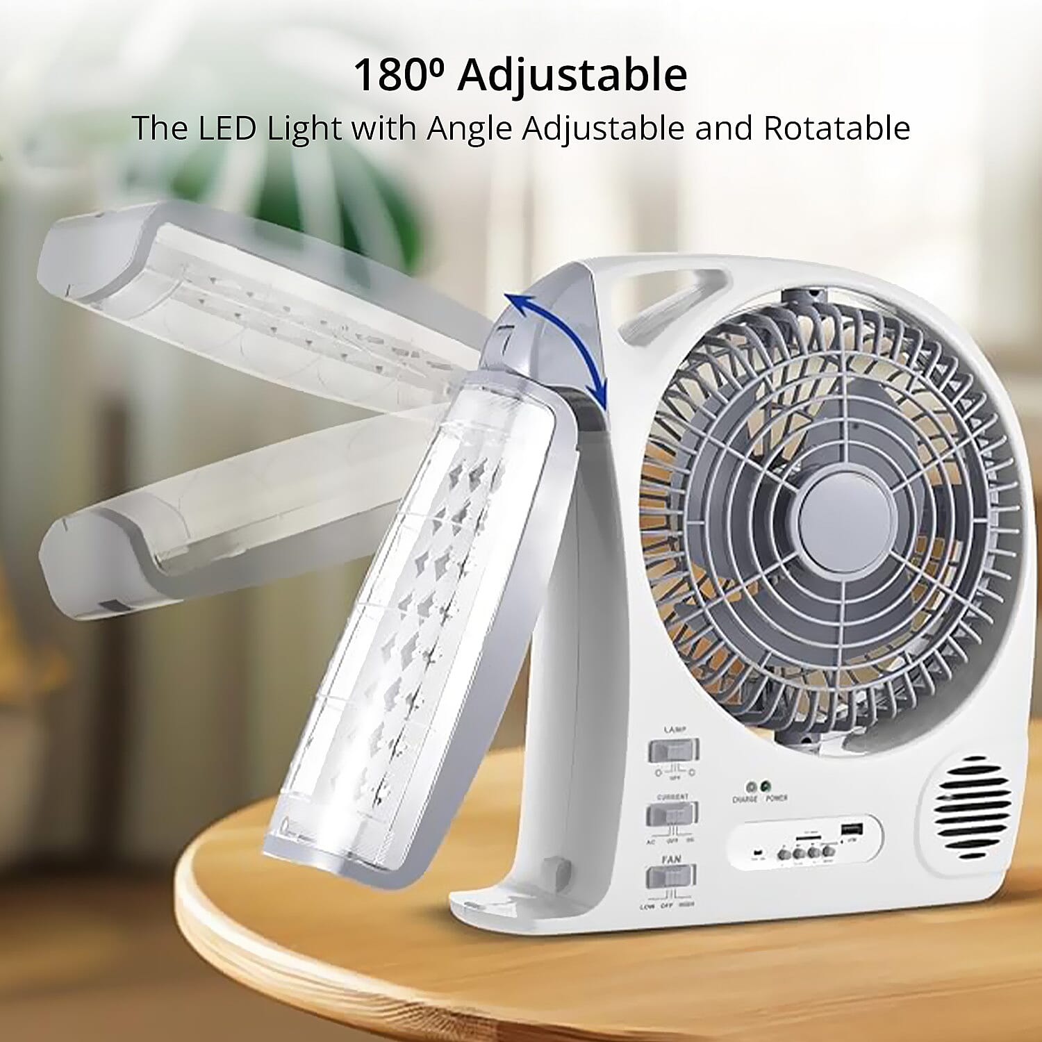 Multifunctional Portable 6 in 1 Solar Fan Supports Bluetooth, FM Radio, Built in 24 LED Lights, MP3 Player, USB Flash Player. 5800 mAh Lithium Battery