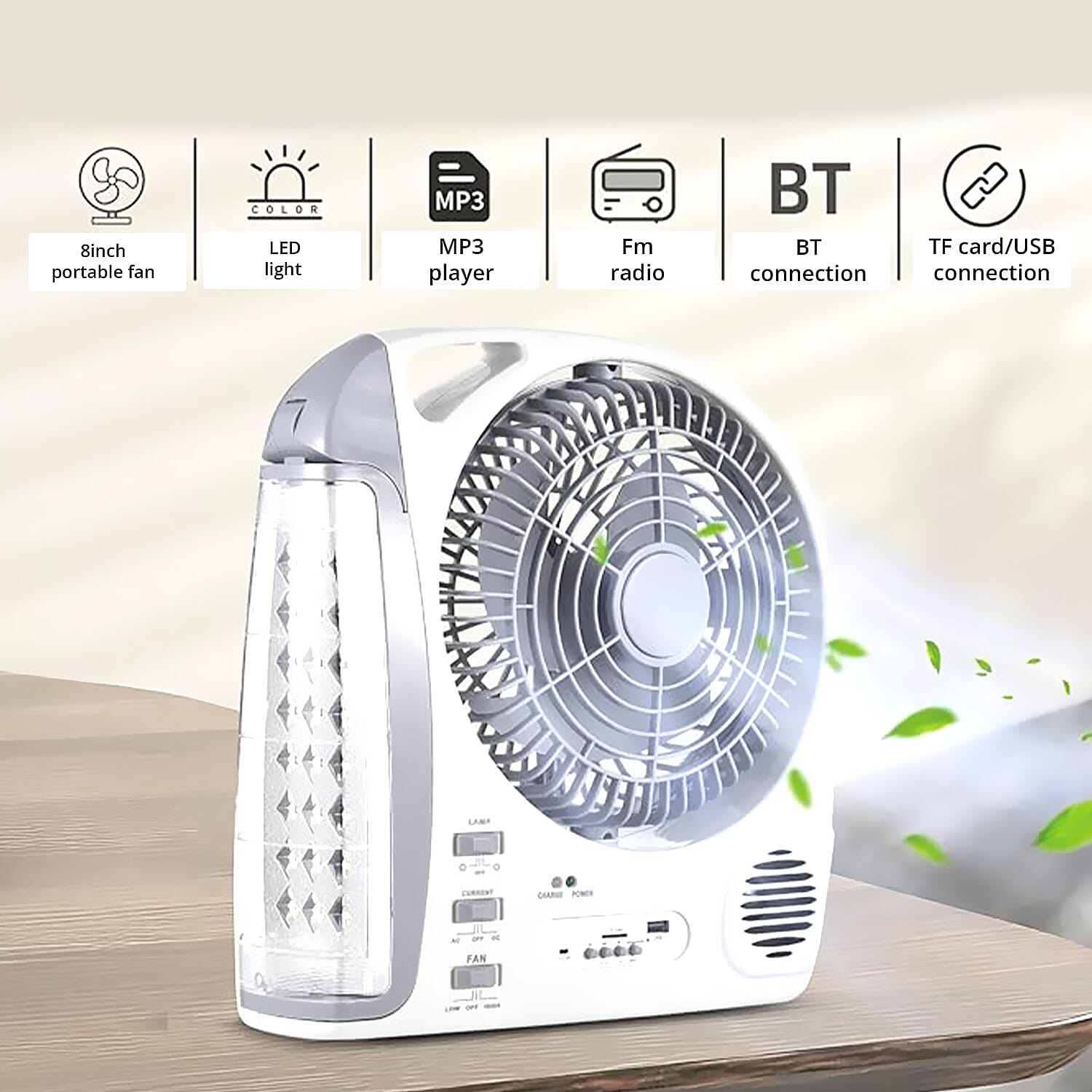 Multifunctional Portable 6 in 1 Solar Fan Supports Bluetooth, FM Radio, Built in 24 LED Lights, MP3 Player, USB Flash Player. 5800 mAh Lithium Battery
