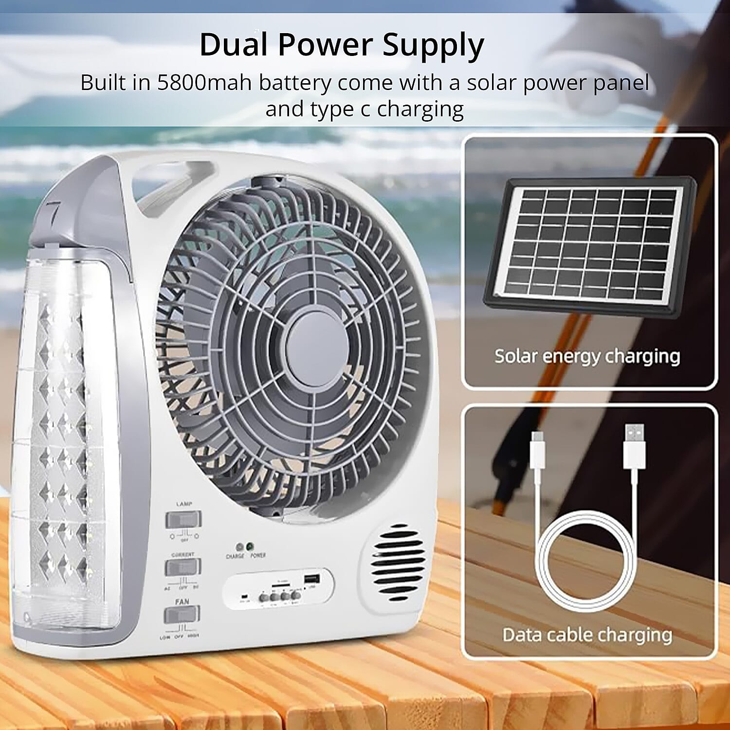 Multifunctional Portable 6 in 1 Solar Fan Supports Bluetooth, FM Radio, Built in 24 LED Lights, MP3 Player, USB Flash Player. 5800 mAh Lithium Battery
