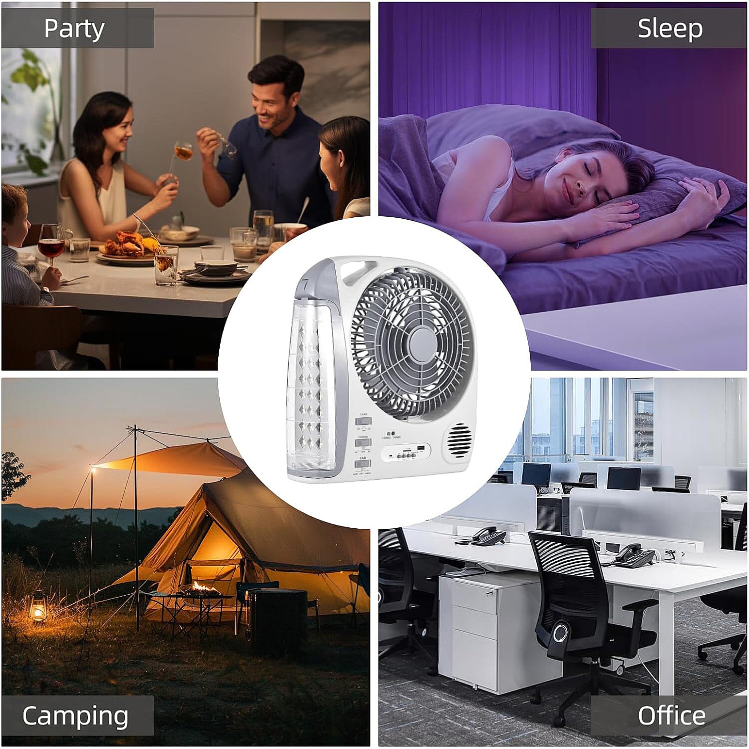 Multifunctional Portable 6 in 1 Solar Fan Supports Bluetooth, FM Radio, Built in 24 LED Lights, MP3 Player, USB Flash Player. 5800 mAh Lithium Battery