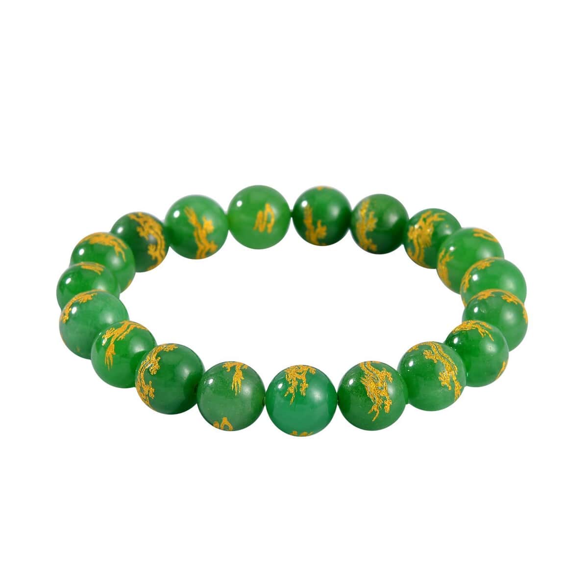 Green Jade (D) Dragon Engraved Beaded Stretch Bracelet 170.00 ctw image number 0