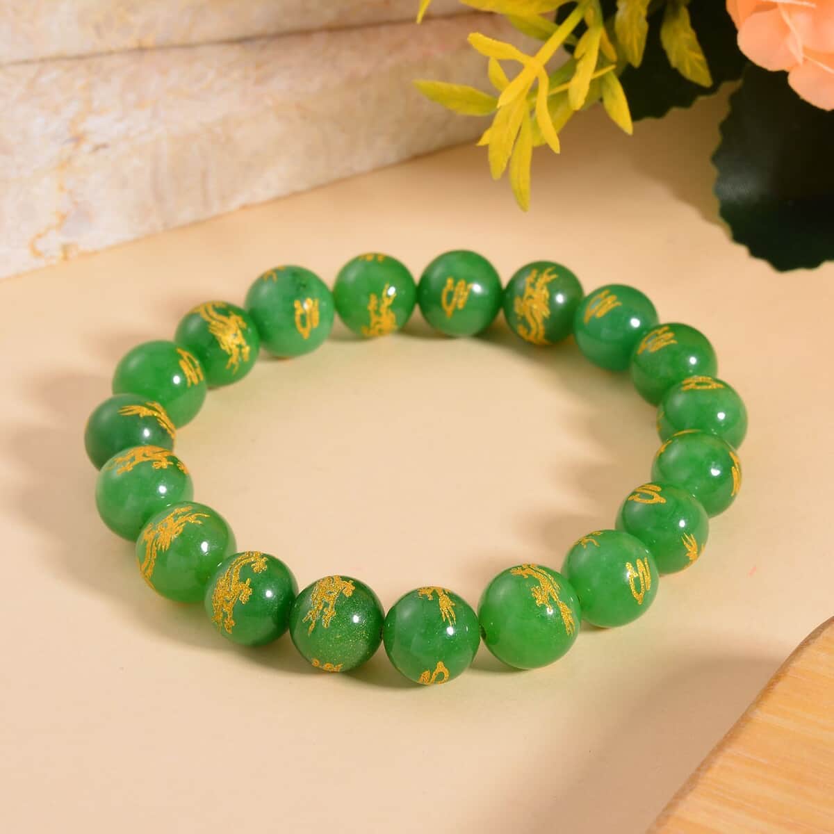 Green Jade (D) Dragon Engraved Beaded Stretch Bracelet 170.00 ctw image number 1