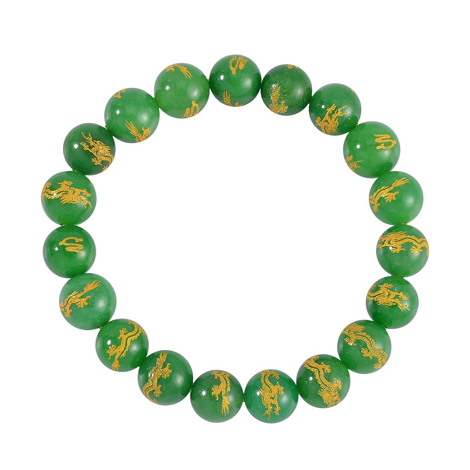 Green Jade (D) Dragon Engraved Beaded Stretch Bracelet 170.00 ctw