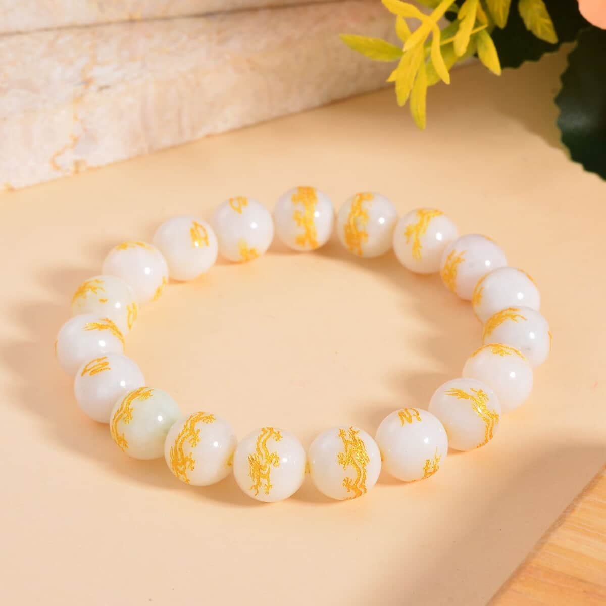 Natural Jade Dragon Engraved Beaded Stretch Bracelet 170.00 ctw image number 1