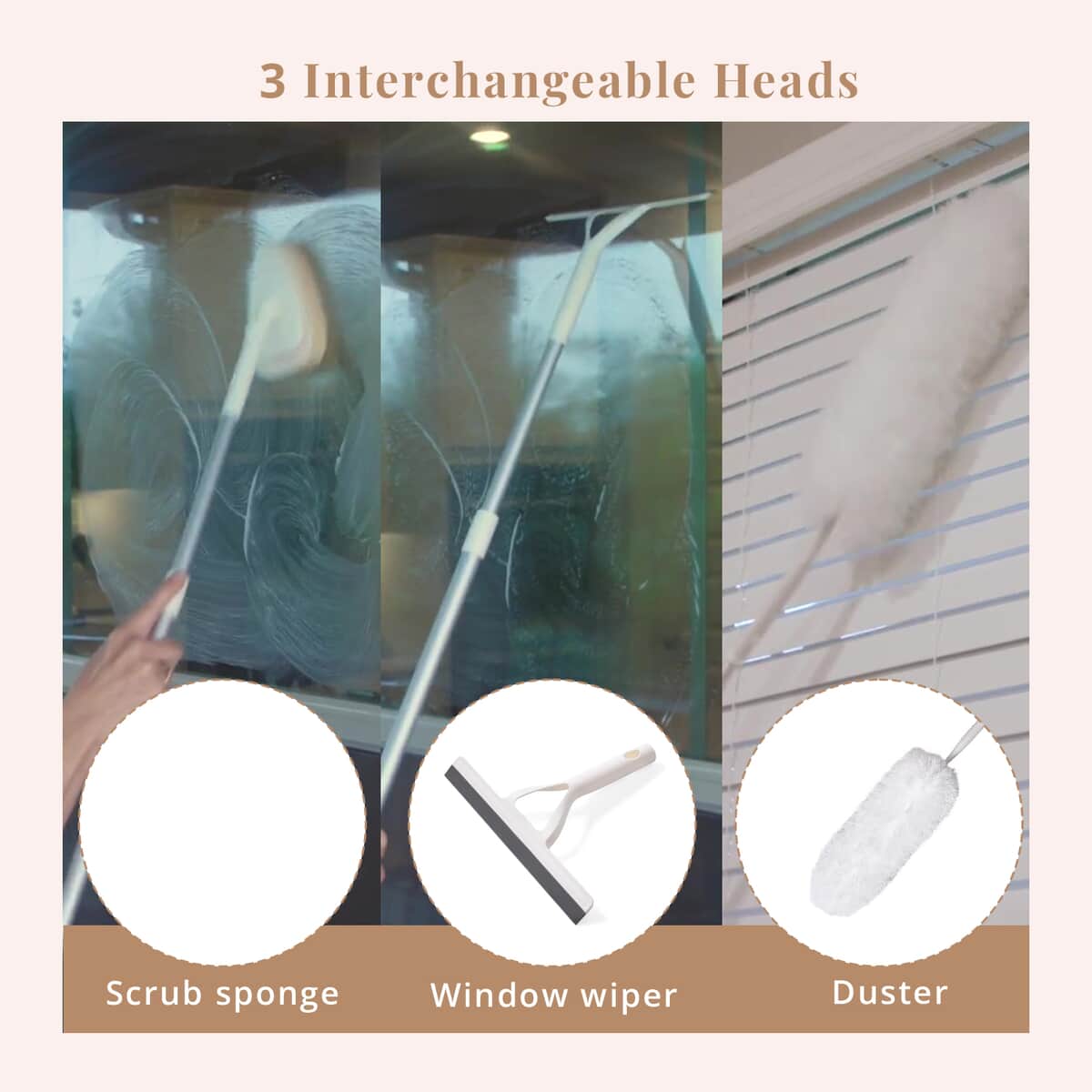 4pcs Set Multipurpose Cleaning Tool (Window Wiper, Scrub Sponge, Duster and Adjustable Handle) image number 3