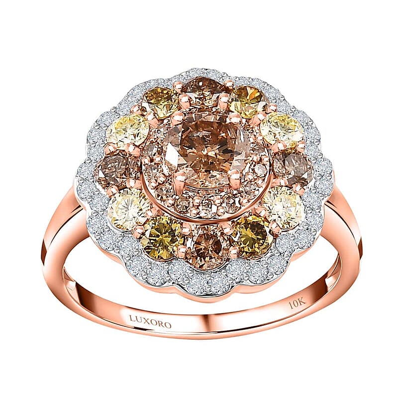 Luxoro 10K Rose Gold Natural Champagne, I3 Natural Yellow and White Diamond Floral Ring (Size 8.0) 2.00 ctw