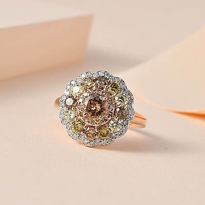 Luxoro 10K Rose Gold Natural Champagne, I3 Natural Yellow and White Diamond Floral Ring (Size 8.0) 2.00 ctw