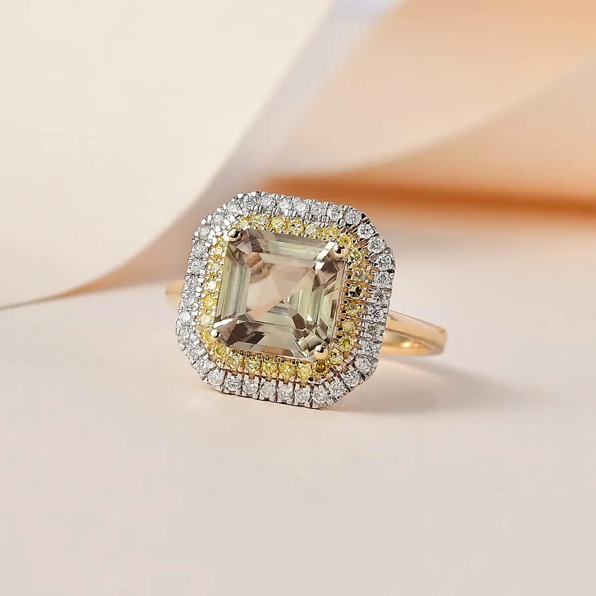 Luxoro 14K Yellow Gold AAA Turkizite, I1-I2 Natural Yellow and White Diamond Double Halo Ring (Size 9.5) 3.10 ctw image number 1