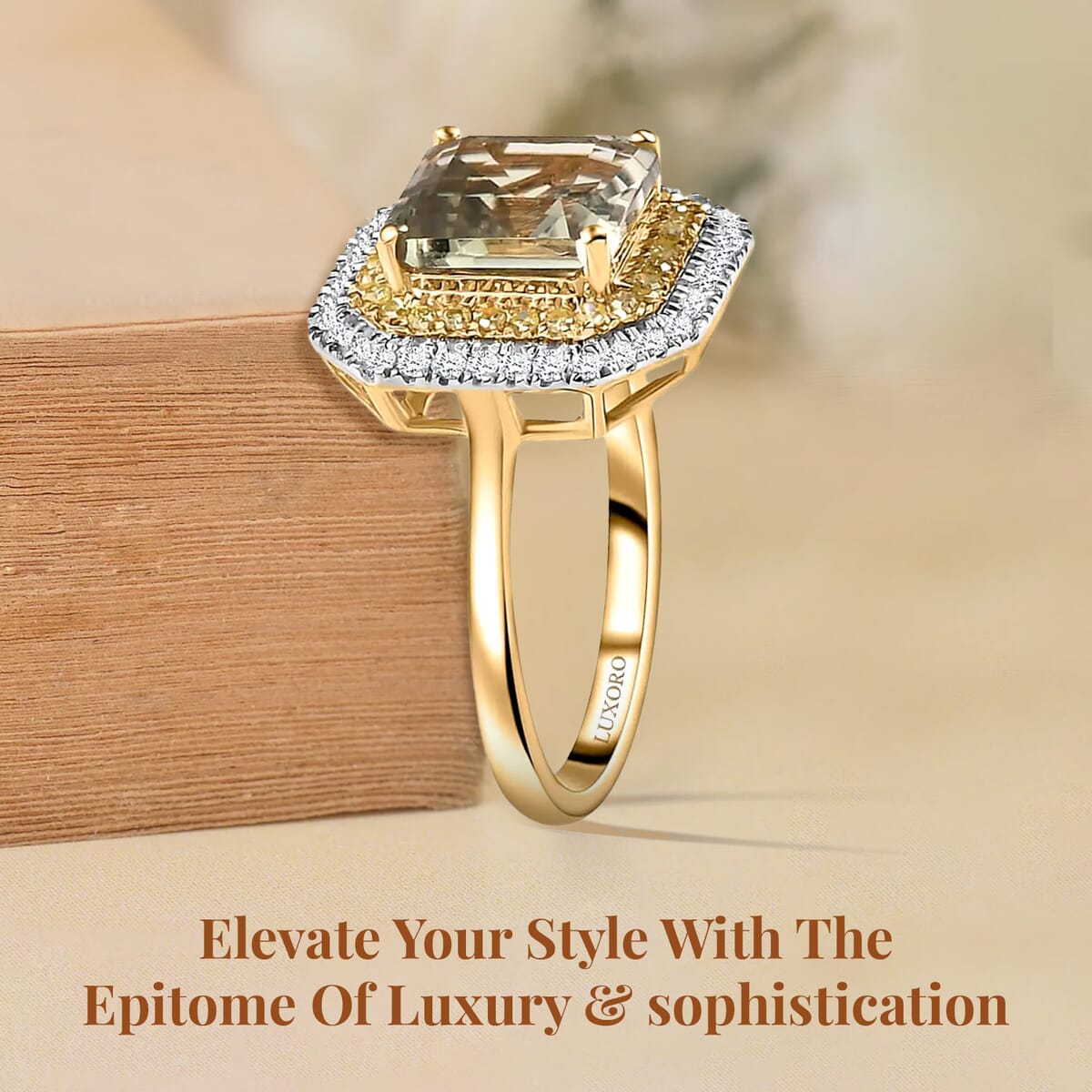 Luxoro 14K Yellow Gold AAA Turkizite, I1-I2 Natural Yellow and White Diamond Double Halo Ring (Size 9.5) 3.10 ctw image number 2