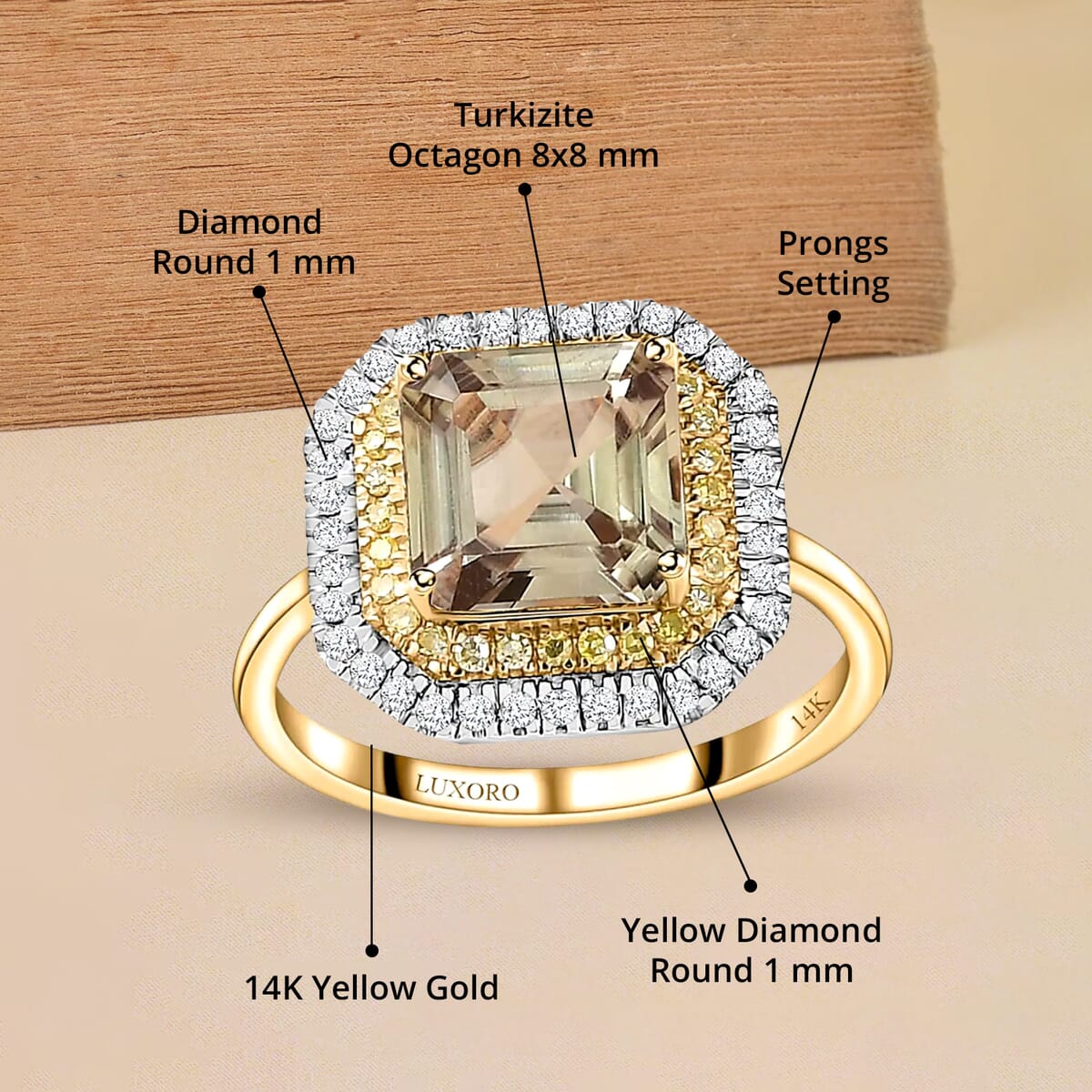 Luxoro 14K Yellow Gold AAA Turkizite, I1-I2 Natural Yellow and White Diamond Double Halo Ring (Size 9.5) 3.10 ctw image number 4