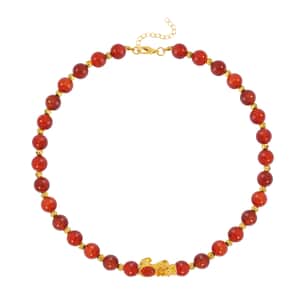 Pixiu Feng Shui Red Agate 9-10mm Beaded Necklace in Goldtone 18-20 Inches 258.50 ctw