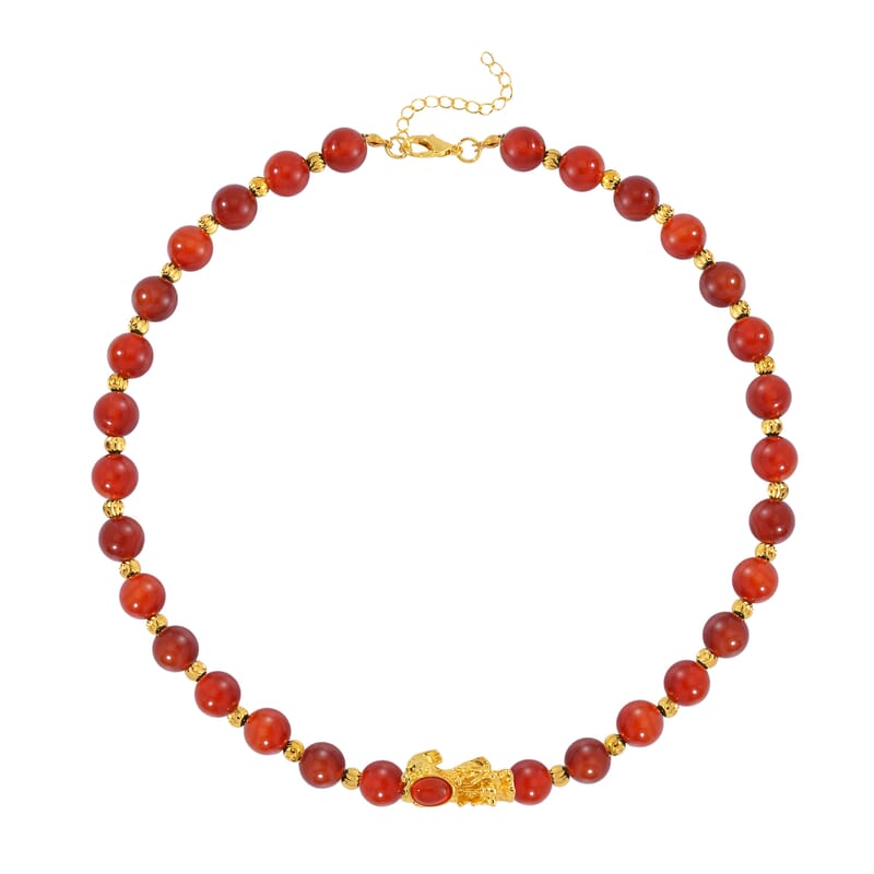 Pixiu Feng Shui Red Agate 258.50 ctw Beaded Necklace in Goldtone 18-20 Inches