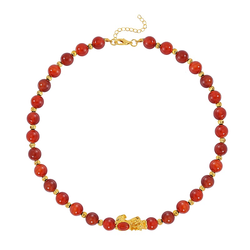 Pixiu Feng Shui Red Agate 258.50 ctw Beaded Necklace in Goldtone 18-20 Inches