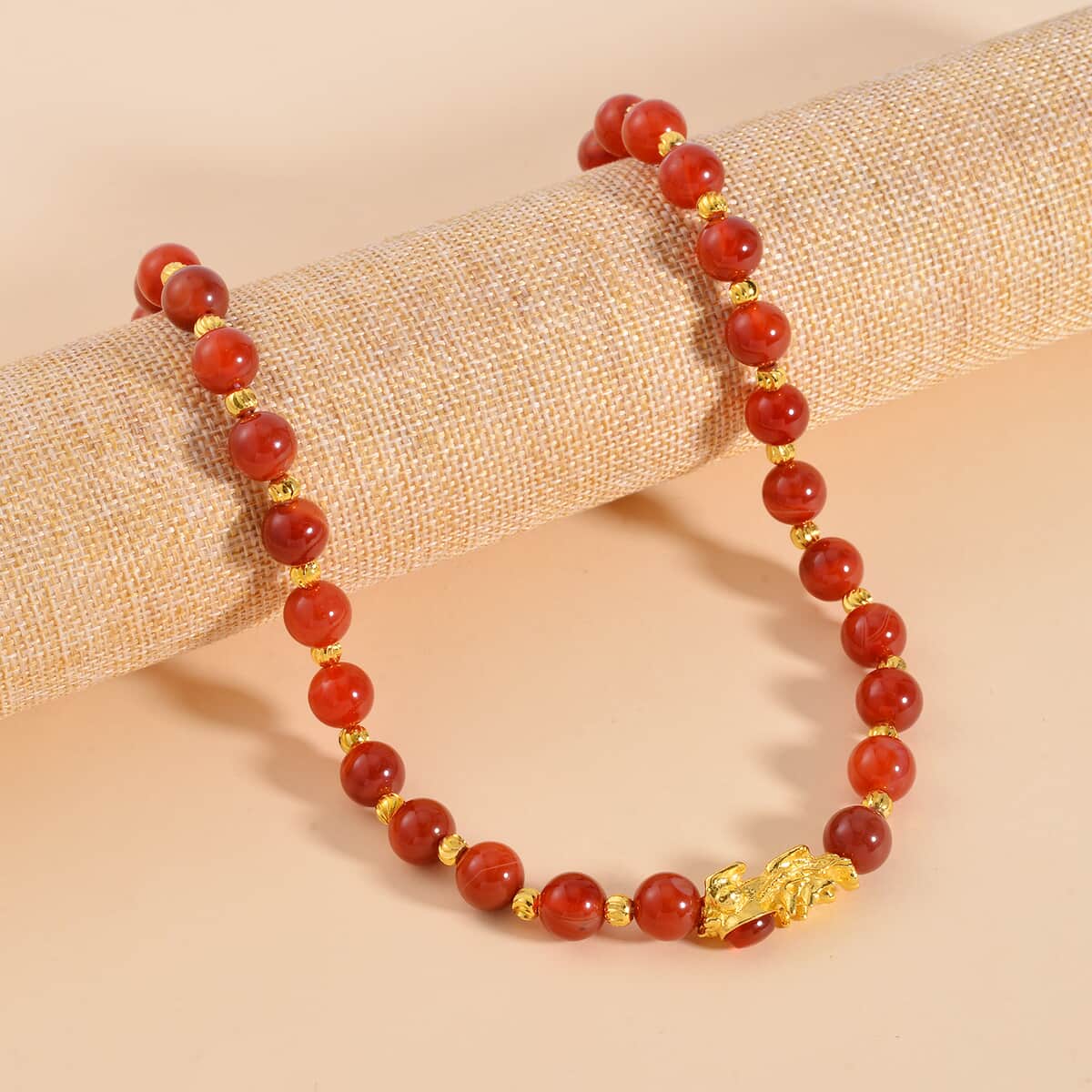 Pixiu Feng Shui Red Agate 9-10mm Beaded Necklace in Goldtone 18-20 Inches 258.50 ctw image number 1