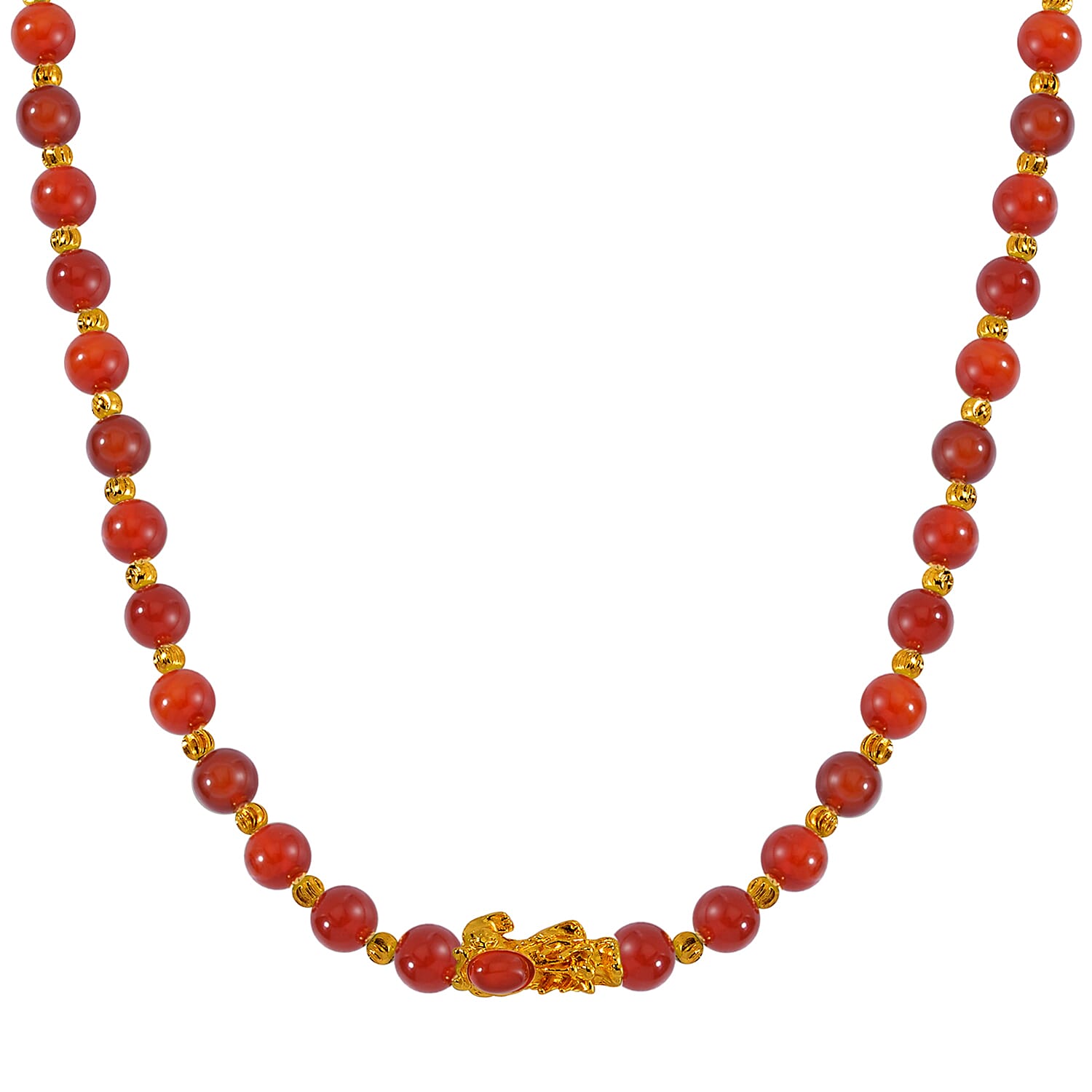 Pixiu Feng Shui Red Agate 258.50 ctw Beaded Necklace in Goldtone 18-20 Inches