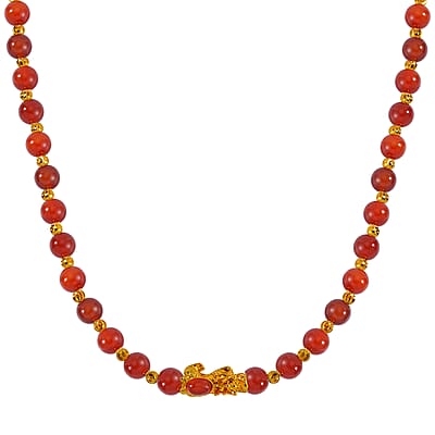 Pixiu Feng Shui Red Agate 258.50 ctw Beaded Necklace in Goldtone 18-20 Inches
