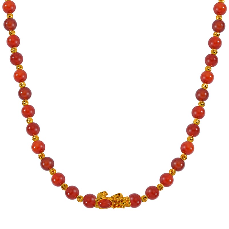 Pixiu Feng Shui Red Agate 258.50 ctw Beaded Necklace in Goldtone 18-20 Inches