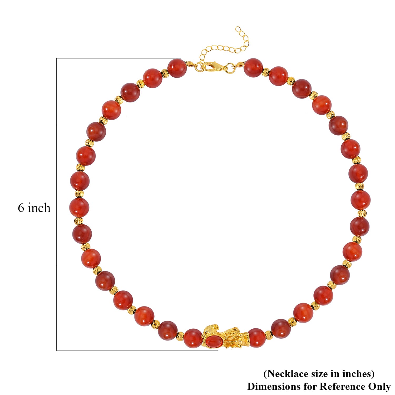 Pixiu Feng Shui Red Agate 258.50 ctw Beaded Necklace in Goldtone 18-20 Inches