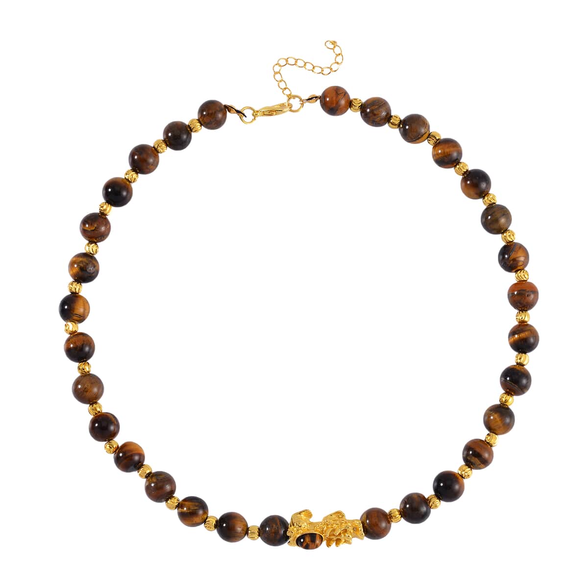 Pixiu Feng Shui Yellow Tigers Eye 9-10mm Beaded Necklace in Goldtone 18-20 Inches 258.50 ctw image number 0