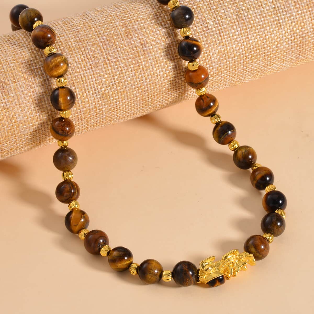 Pixiu Feng Shui Yellow Tigers Eye 9-10mm Beaded Necklace in Goldtone 18-20 Inches 258.50 ctw image number 1