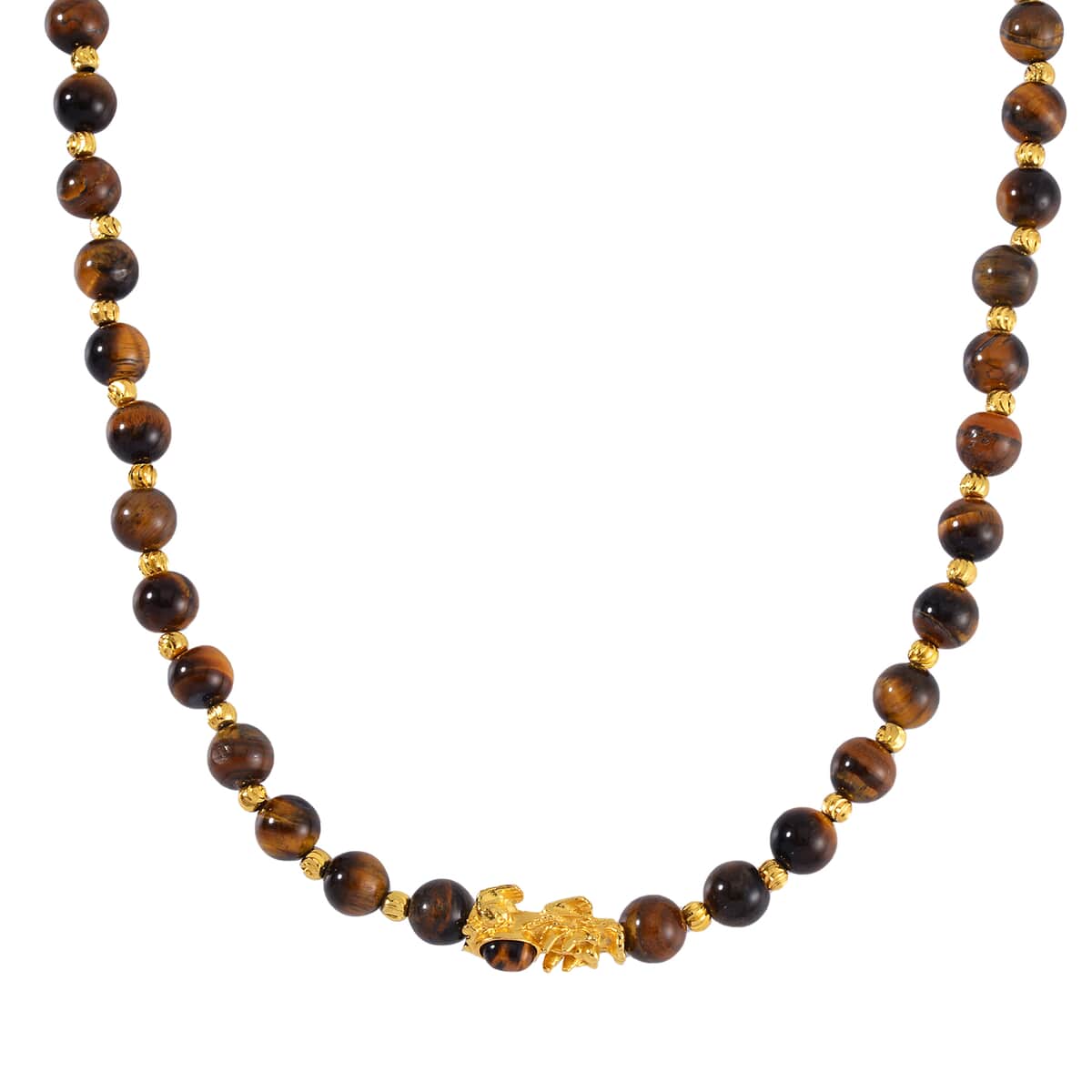 Pixiu Feng Shui Yellow Tigers Eye 9-10mm Beaded Necklace in Goldtone 18-20 Inches 258.50 ctw image number 2