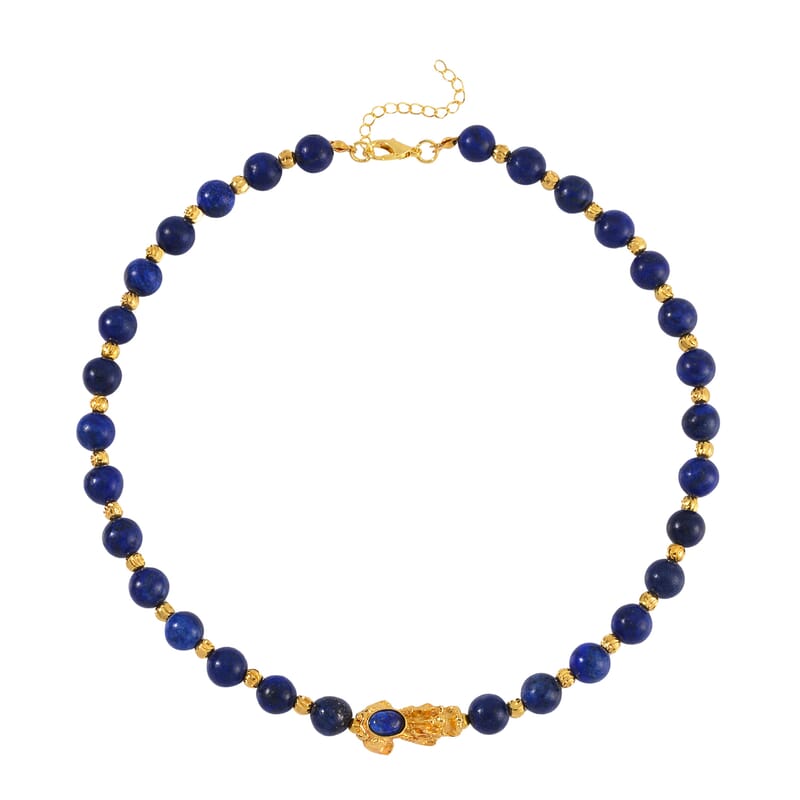 Pixiu Feng Shui Lapis Lazuli 258.50 ctw Beaded Necklace in Goldtone 18-20 Inches