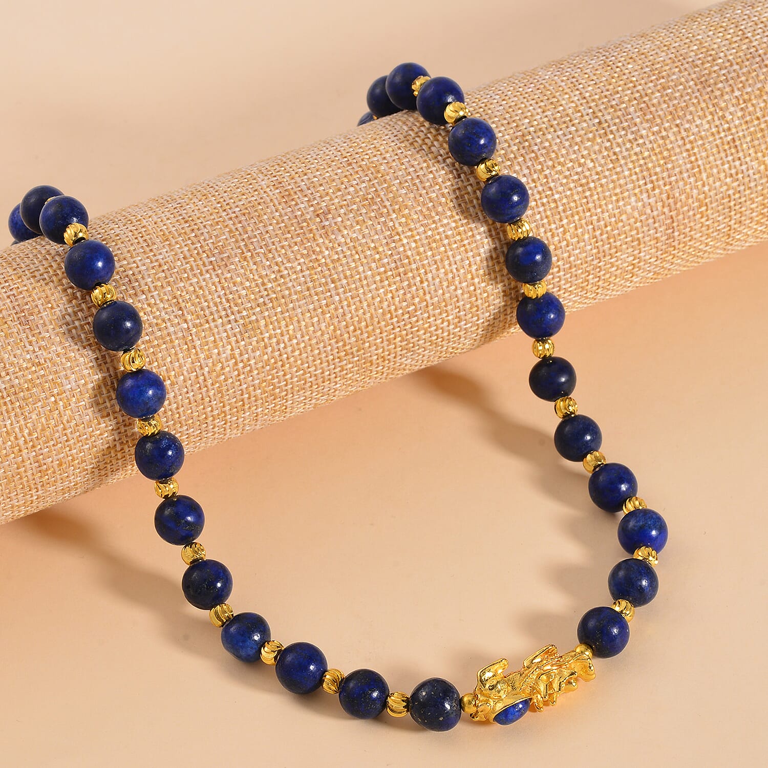 Pixiu Feng Shui Lapis Lazuli 258.50 ctw Beaded Necklace in Goldtone 18-20 Inches