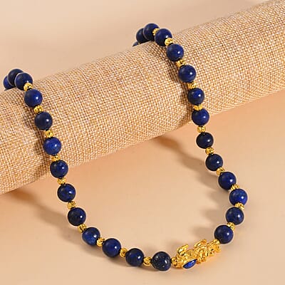 Pixiu Feng Shui Lapis Lazuli 258.50 ctw Beaded Necklace in Goldtone 18-20 Inches