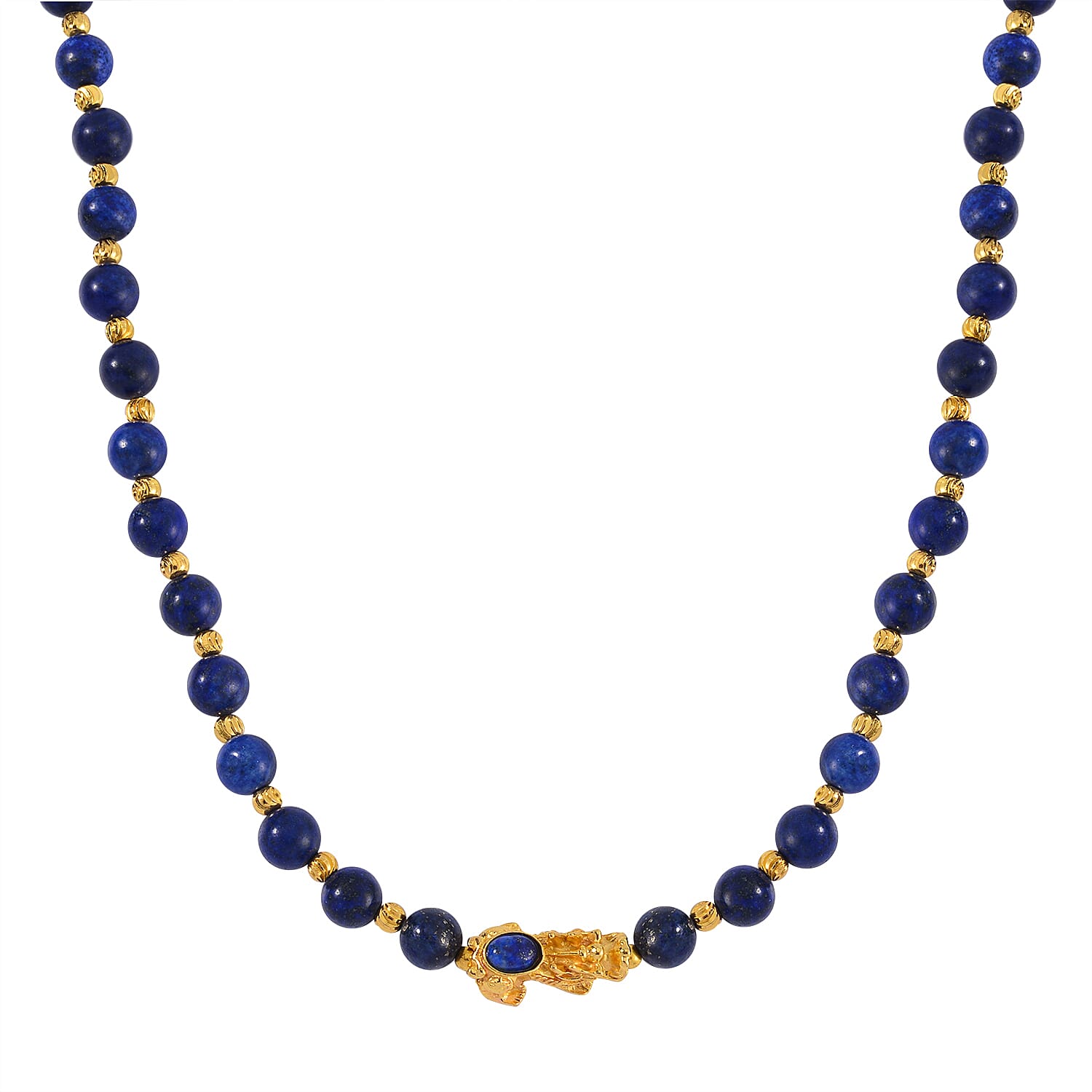 Pixiu Feng Shui Lapis Lazuli 258.50 ctw Beaded Necklace in Goldtone 18-20 Inches