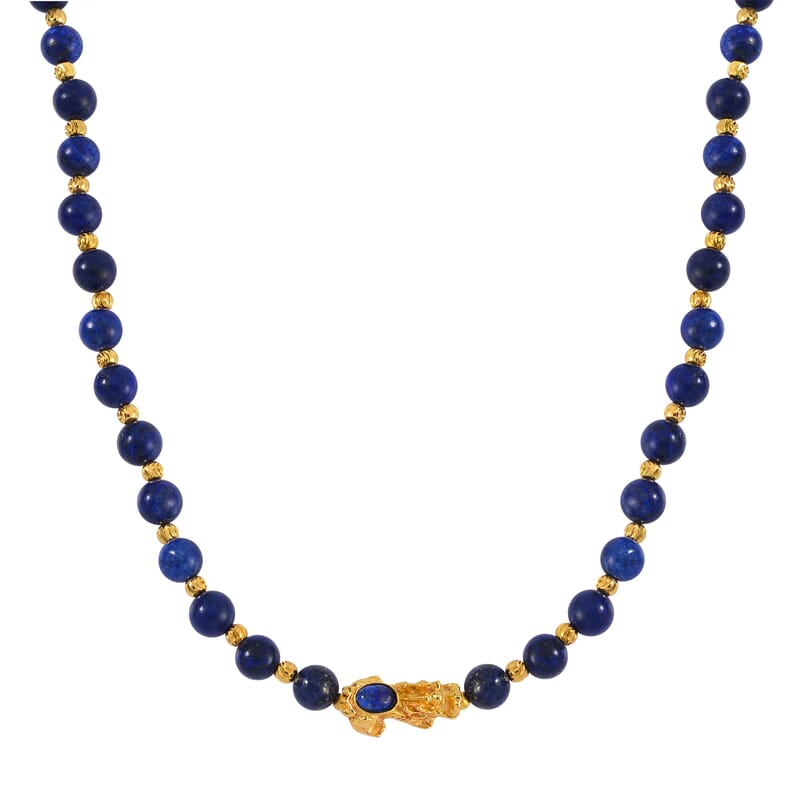 Pixiu Feng Shui Lapis Lazuli 258.50 ctw Beaded Necklace in Goldtone 18-20 Inches