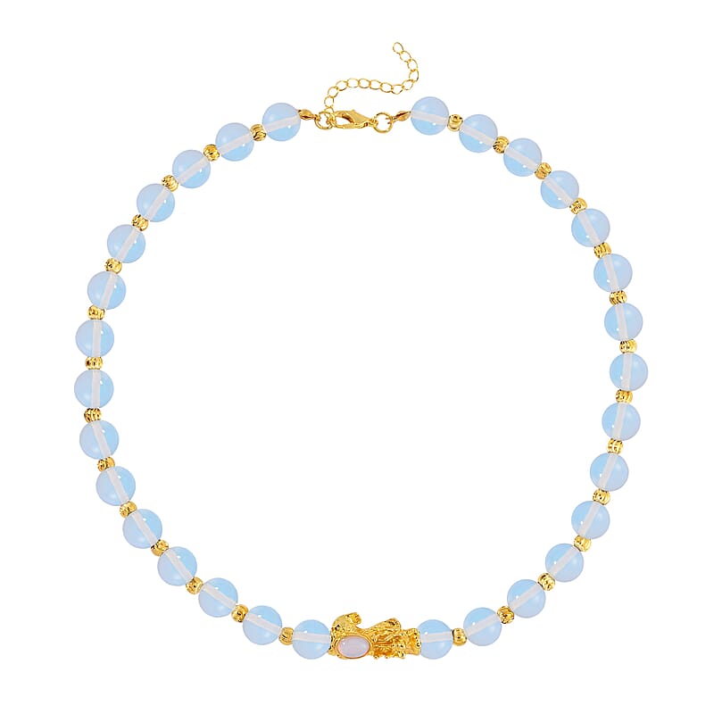 Pixiu Feng Shui Opalite 9-10mm Beaded Necklace in Goldtone 18-20 Inches 258.50 ctw