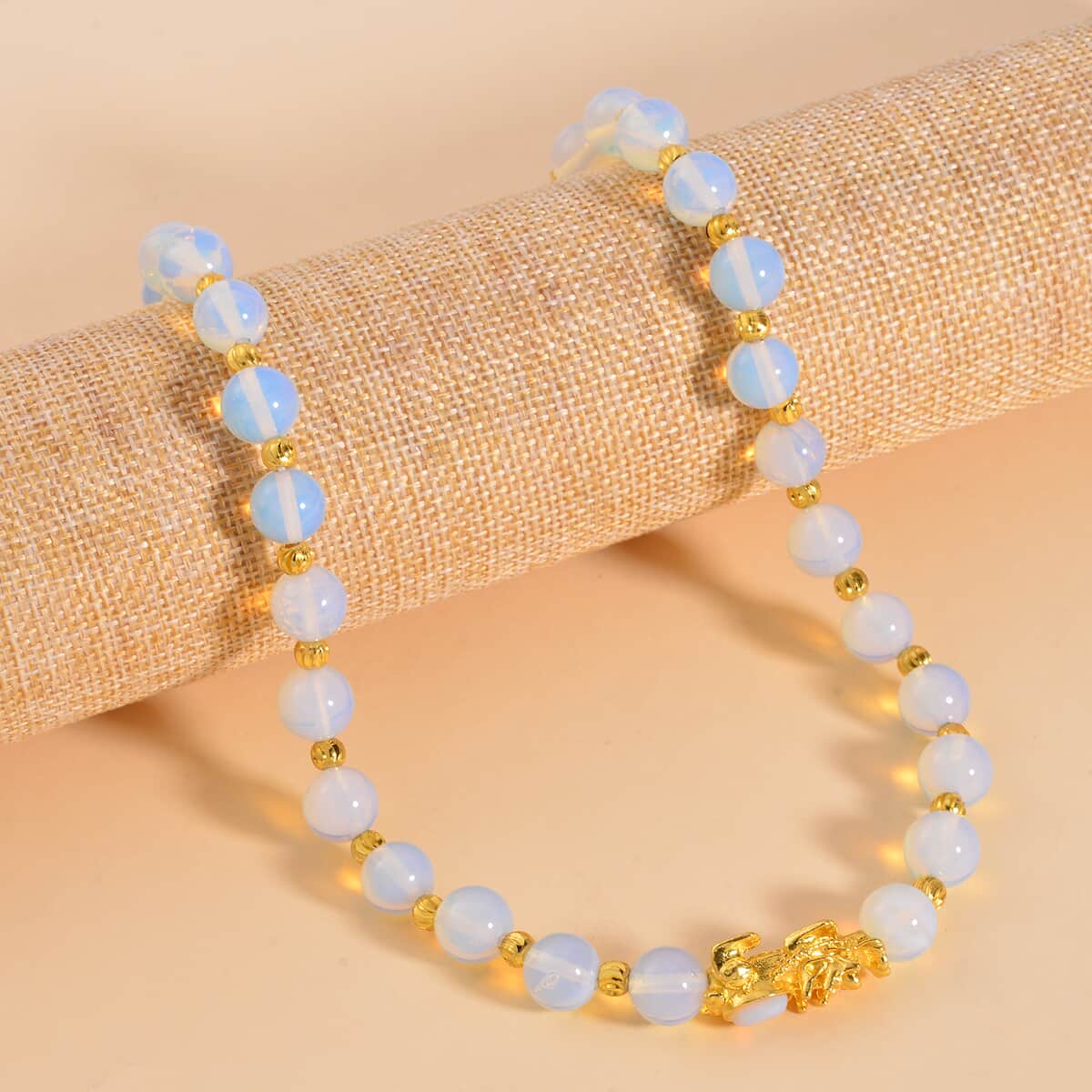 Pixiu Feng Shui Opalite 9-10mm Beaded Necklace in Goldtone 18-20 Inches 258.50 ctw image number 1