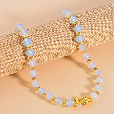 Pixiu Feng Shui Opalite 9-10mm Beaded Necklace in Goldtone 18-20 Inches 258.50 ctw