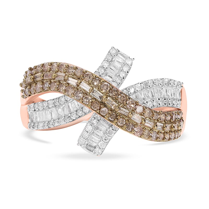 Natural Champagne and White Diamond Ring in Vermeil Rose Gold Over Sterling Silver (Size 7.0) 1.00 ctw