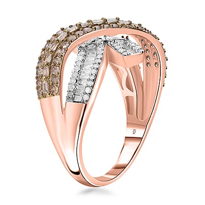Natural Champagne and White Diamond Ring in Vermeil Rose Gold Over Sterling Silver (Size 7.0) 1.00 ctw