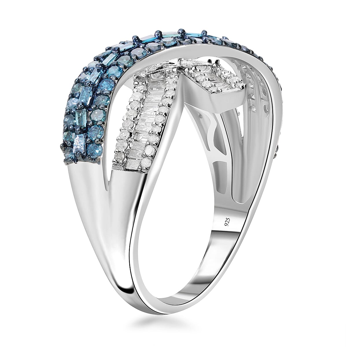 Blue and White Diamond 1.00 ctw Ring in Platinum Over Sterling Silver (Size 9.0) image number 2
